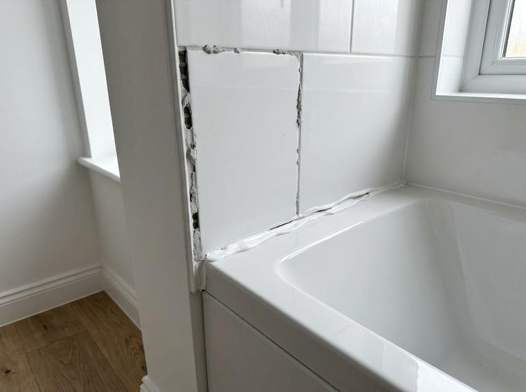New white bathroom tile in new construction with uneven and missing grout along one joint and a wavy sealant bead at the tub